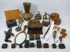 VINTAGE TREEN & BRASSWARE ETC - a mixed quantity including printer's board lettering, oak double ink