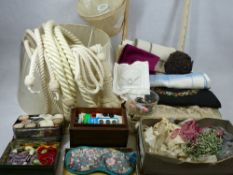 VINTAGE LINEN, haberdashery, needlework goods and an ebonised parasol along with three modern