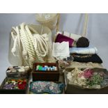 VINTAGE LINEN, haberdashery, needlework goods and an ebonised parasol along with three modern