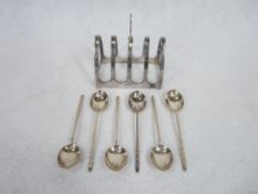 FOUR SECTION TOAST RACK & A SET OF SIX COFFEE SPOONS - Sheffield 1965, maker Emile Viner and