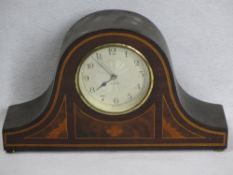 EDWARDIAN INLAID MAHOGANY 8 DAY MANUAL WIND MANTEL CLOCK - 17cms H, 29cms W