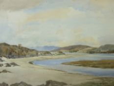 S IRVINE HERTFORD watercolour - tidal inlet with hills to the background, 29.5 x 39.5cms, JOE