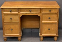 VINTAGE STRIPPED PINE KNEEHOLE TWIN PEDESTAL DESK - three frieze drawers and deeper lower drawers on