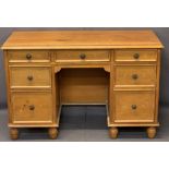 VINTAGE STRIPPED PINE KNEEHOLE TWIN PEDESTAL DESK - three frieze drawers and deeper lower drawers on