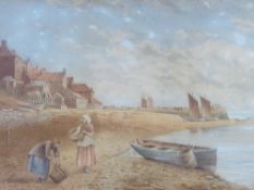 KATE E BOOTH (FL 1850 - 1870) watercolour - coastal scape with two figures and a boat, signed and