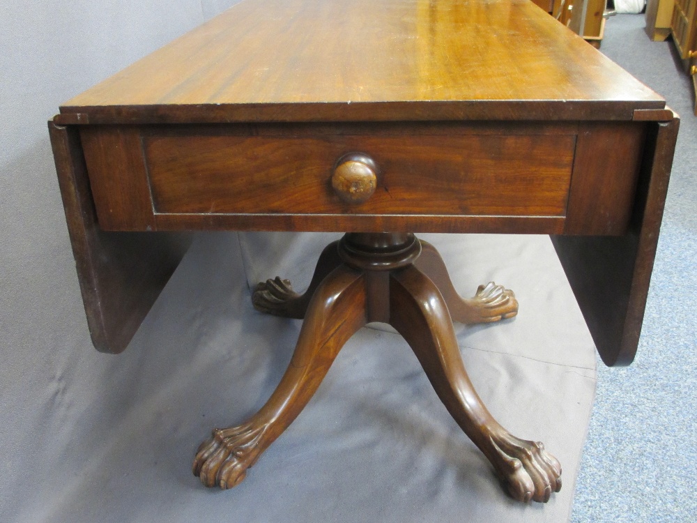 VICTORIAN MAHOGANY DROP LEAF PEDESTAL TABLE - single end drawer and opposing blind drawer with - Image 2 of 4