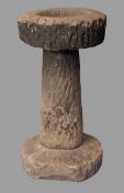 EARLY 20TH CENTURY SANDSTONE PEDESTAL BIRD BATH - 3 section, 57cms H, 30cms diameter top