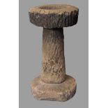 EARLY 20TH CENTURY SANDSTONE PEDESTAL BIRD BATH - 3 section, 57cms H, 30cms diameter top