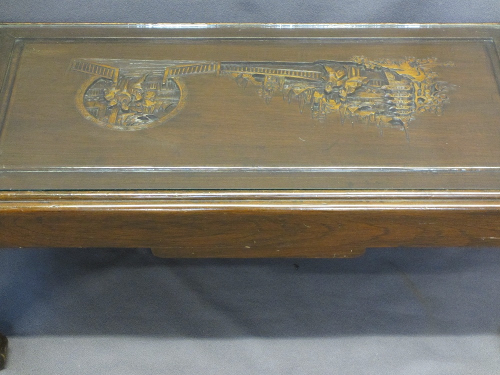 CHINESE CARVED HARDWOOD COFFEE TABLE - glass top insert and single side drawer on shaped end - Image 5 of 6