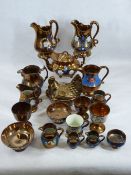 VICTORIAN COPPER LUSTRE WARE, 18 PIECES - various size jugs, goblets, teapot and cover, 'hen on