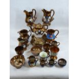 VICTORIAN COPPER LUSTRE WARE, 18 PIECES - various size jugs, goblets, teapot and cover, 'hen on