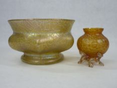 LOETZ TYPE IRIDESCENT GLASSWARE, TWO ITEMS - a 20cms diameter fruit bowl and a 10cms H bulbous vase