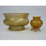 LOETZ TYPE IRIDESCENT GLASSWARE, TWO ITEMS - a 20cms diameter fruit bowl and a 10cms H bulbous vase