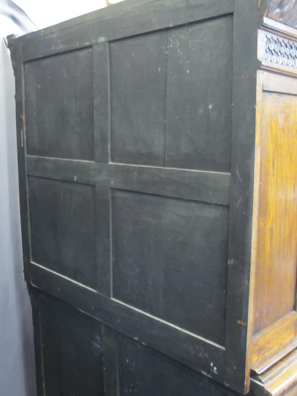 CONTINENTAL STYLE CARVED OAK BOOKCASE SIDEBOARD - with leaded coloured glass upper doors, lion mask, - Image 10 of 11