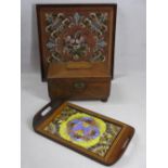 REGENCY MAHOGANY LIDDED BOX ON BUN FEET, butterfly wing two-handled tray and a framed bead work