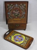 REGENCY MAHOGANY LIDDED BOX ON BUN FEET, butterfly wing two-handled tray and a framed bead work