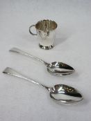 GEORGIAN SILVER SERVING SPOONS, A PAIR, 3.6 ozt, London 1800/1801 and a plain silver mug, 2.7 ozt,