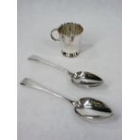 GEORGIAN SILVER SERVING SPOONS, A PAIR, 3.6 ozt, London 1800/1801 and a plain silver mug, 2.7 ozt,