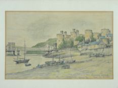 JOSEPH PIKE pastel - Conwy Quay, Castle, Bridge and boats, signed, 22 x 36cms and a print of a