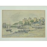JOSEPH PIKE pastel - Conwy Quay, Castle, Bridge and boats, signed, 22 x 36cms and a print of a