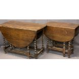 VINTAGE OAK BARLEY TWIST GATELEG TABLES (2) - 73cms H, 107cms L, 50cms W closed and a small