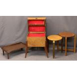 RETRO NEEDLEWORK BOX, circular top table and stool and a stained wood bed tray, 60cms H, 51cms max