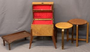 RETRO NEEDLEWORK BOX, circular top table and stool and a stained wood bed tray, 60cms H, 51cms max