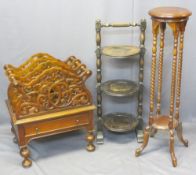 VINTAGE & REPRODUCTION OCCASIONAL FURNITURE, 3 ITEMS - a vintage oak three-tier cake stand on turn