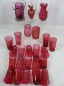 CRANBERRY GLASS BEAKERS & JUGS, ETC - 24 pieces including a small tankard, a present from Aberporth