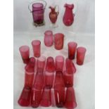 CRANBERRY GLASS BEAKERS & JUGS, ETC - 24 pieces including a small tankard, a present from Aberporth