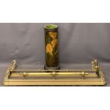 TWO VINTAGE BRASS FIRE FENDERS and a painted section of clay pipe/stick stand, 137cms L, 37cms D,