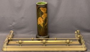 TWO VINTAGE BRASS FIRE FENDERS and a painted section of clay pipe/stick stand, 137cms L, 37cms D,
