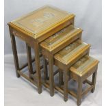 CHINESE HARDWOOD TABLE QUARTETTO - the tops with deep carved decoration and inset glass covers,