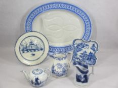 ANTIQUE PEARL WARE & OTHER BLUE & WHITE - a 20cms across pagoda with people on a bridge dish,