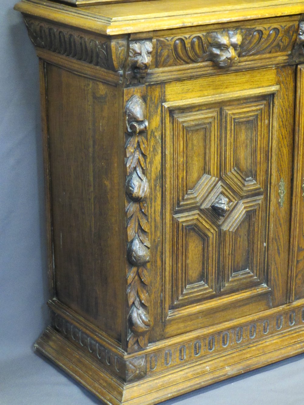 CONTINENTAL STYLE CARVED OAK BOOKCASE SIDEBOARD - with leaded coloured glass upper doors, lion mask, - Image 3 of 11