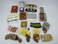 MIXED COLLECTABLES GROUP & VINTAGE COINAGE to include a hallmarked silver ARP badge, an enamel front