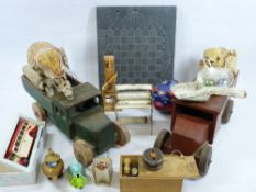 VINTAGE TOYS & GAMES COLLECTION - two timber scratch built trucks, slate games board, carved