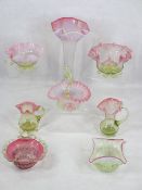 CRANBERRY/VASELINE GLASS JUGS, BOWLS & VASES - 8 items, 31cms H the tallest