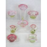 CRANBERRY/VASELINE GLASS JUGS, BOWLS & VASES - 8 items, 31cms H the tallest