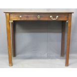 GEORGIAN MAHOGANY SINGLE DRAWER SIDE TABLE - on square uprights with canted back edge, 70cms H, 83.