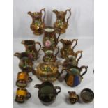VICTORIAN COPPER LUSTRE WARE, 15 PIECES including diamond shape jugs with matching painted detail,