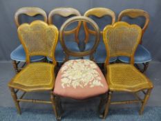 VICTORIAN & LATER SALON CHAIRS (7) - a matching set of four balloon backs with stuff over seats on