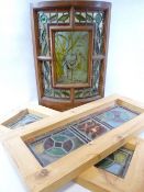 STAINED GLASS & PAINTED WINDOW PANELS (3) including a curved example, the central panel with painted