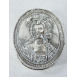 MARIE ANTOINETTE - an oval white metal lidded trinket box, the lid having a raised profile of