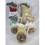 ANTIQUE JUGS (5) - three having pewter mounted lids, all classically styled with prattware and other