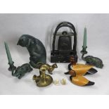 JAPANESE STYLE NETSUKE, bronze and brass effect animals, carved wooden birds and other collectables