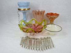 VICTORIAN SINGLE BLUE GLASS LUSTRE with facet cut drops, Bohemia, Carnival and other Art glassware