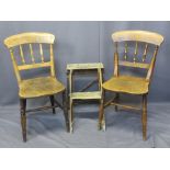 TWO VINTAGE FARMHOUSE OAK CHAIRS and a folding two-step ladder, 84.5cms H, 38cms W, 38cms seat D,