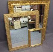 GILT FRAMED WALL MIRRORS (3) including a carved oak example with bevelled edge to the plate,