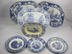 BLUE & WHITE MEAT PLATTERS & PLATES - a quantity to include 47cm platters (2) showing a farmer